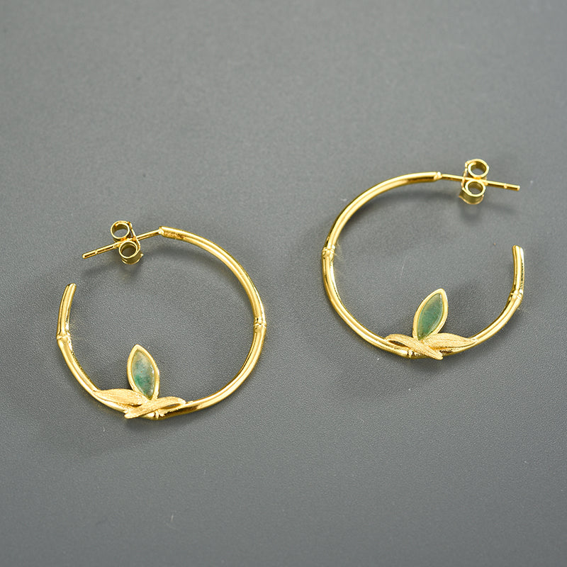 Sterling Silver Aventurine Bamboo Leaves Round Hoop Earrings
