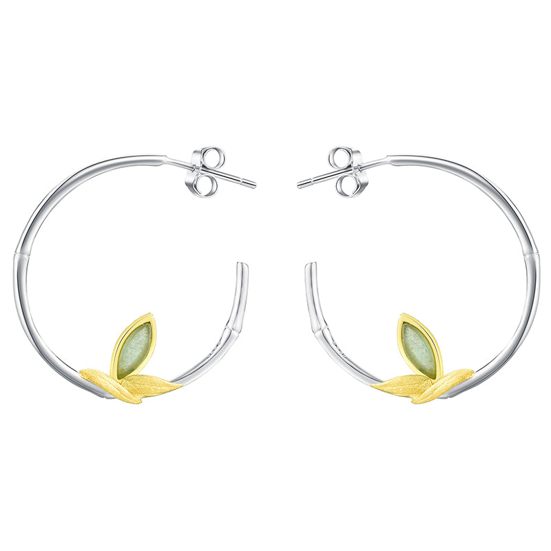 Sterling Silver Aventurine Bamboo Leaves Round Hoop Earrings