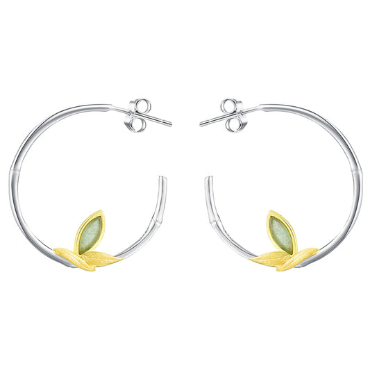 Sterling Silver Aventurine Bamboo Leaves Round Hoop Earrings