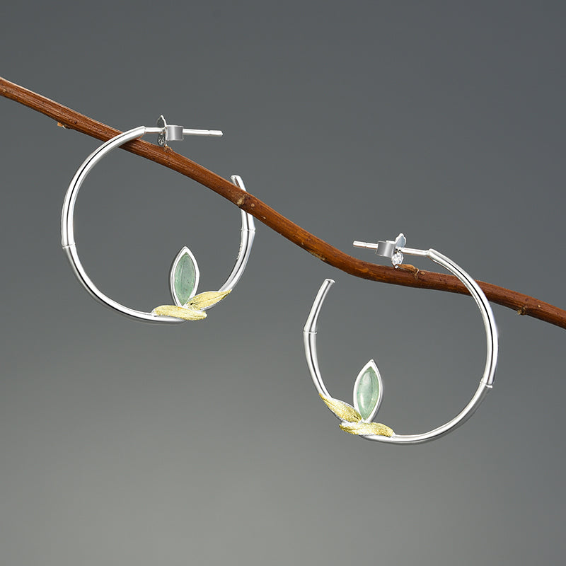 Sterling Silver Aventurine Bamboo Leaves Round Hoop Earrings