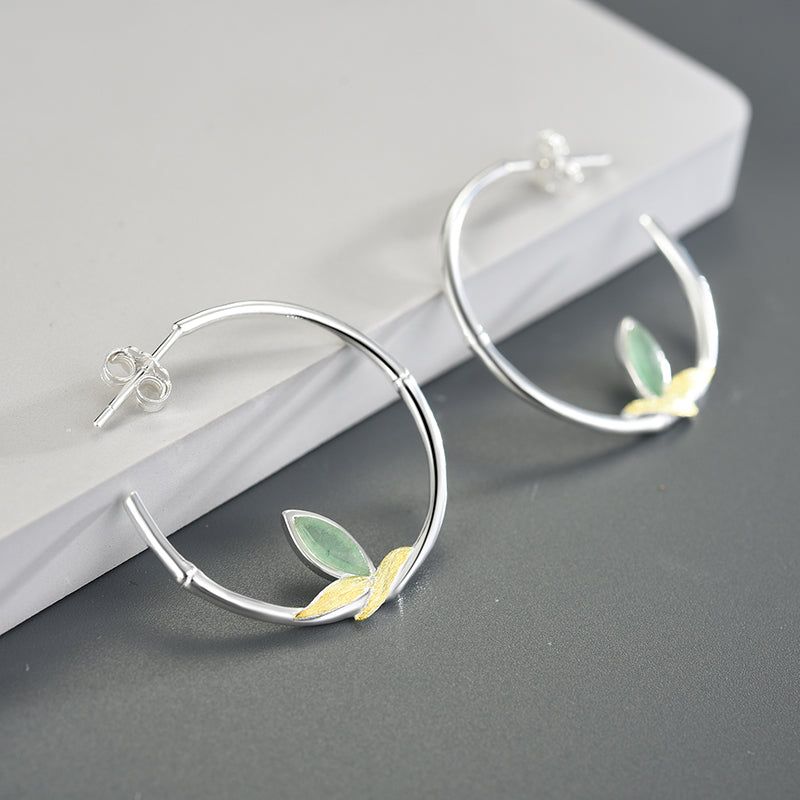 Sterling Silver Aventurine Bamboo Leaves Round Hoop Earrings