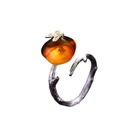 Sterling Silver Butterfly and Natural Amber Adjustable Ring