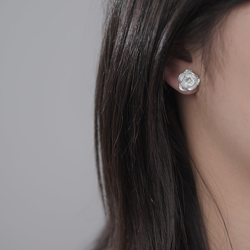 Sterling Silver Camellia Flower Stud Earrings