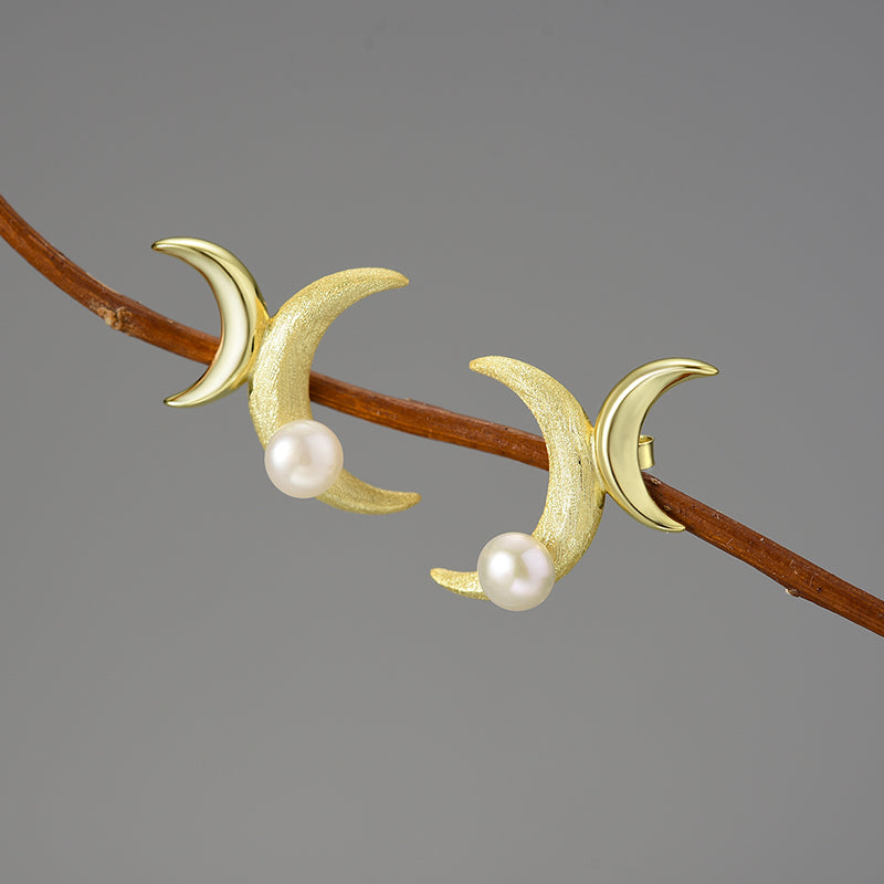 Sterling Silver Asymmetrical Double Moon Stud Earrings