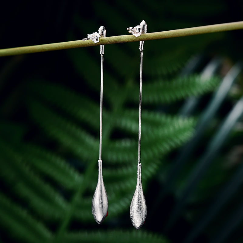 Sterling Silver Red Coral Drop Flower Long Dangle Earrings