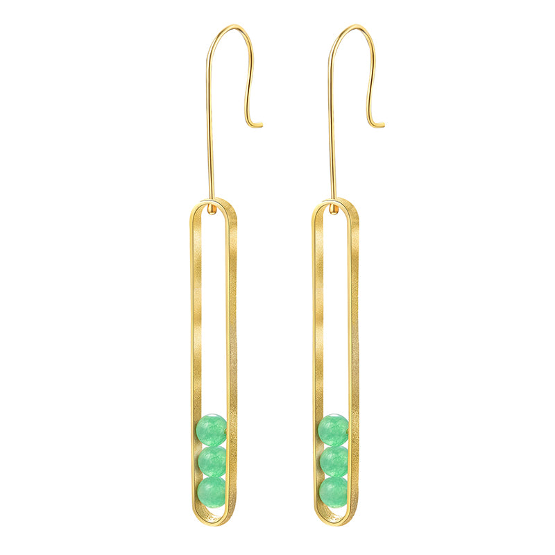 Sterling Silver Aventurine Elliptical Minimalist Long Dangle Earrings