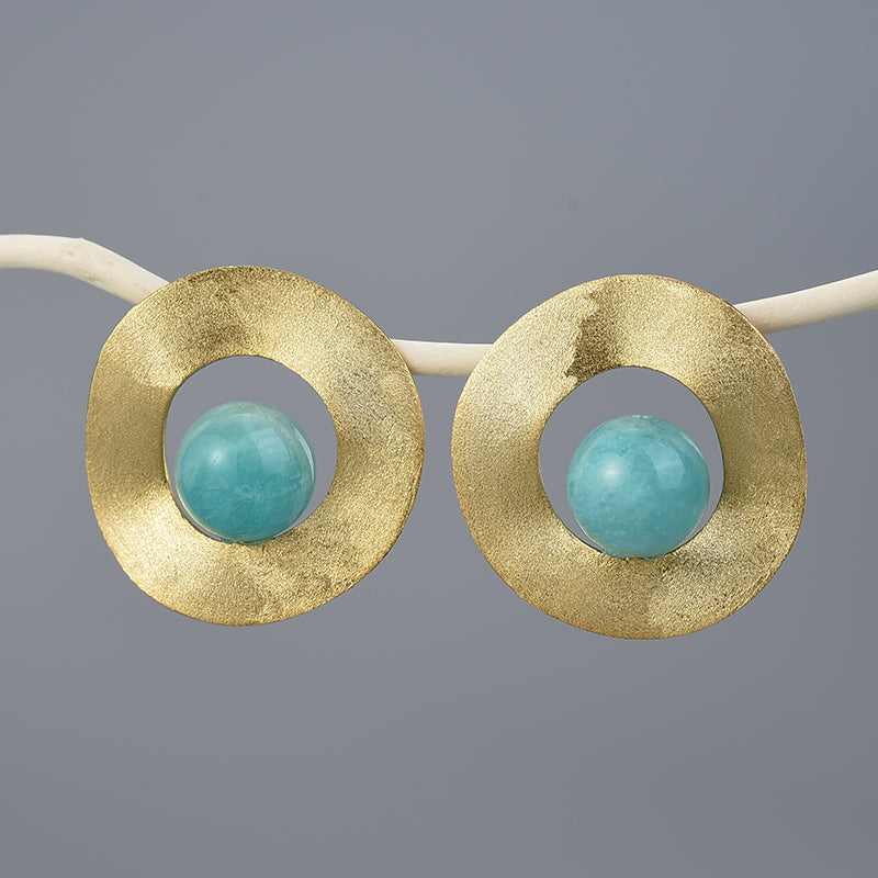 Sterling Silver Amazonite Minimalist Uneven Round Stud Earrings
