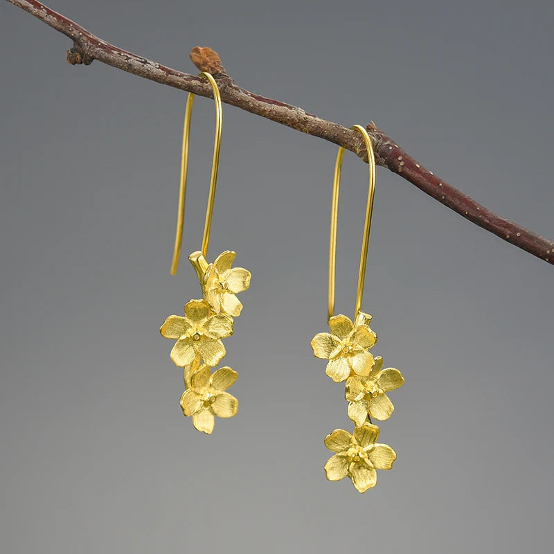 Sterling Silver Forget-me-not Flower Long Dangle Earrings