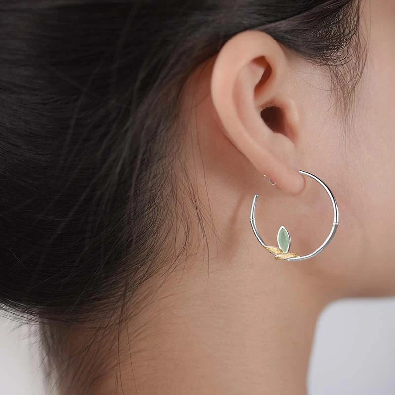 Sterling Silver Aventurine Bamboo Leaves Round Hoop Earrings
