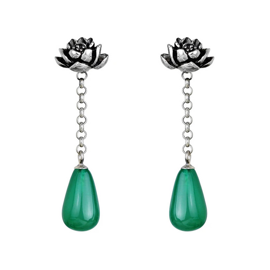 Sterling Silver Retro Water Drop Lotus Flower Dangle Earrings
