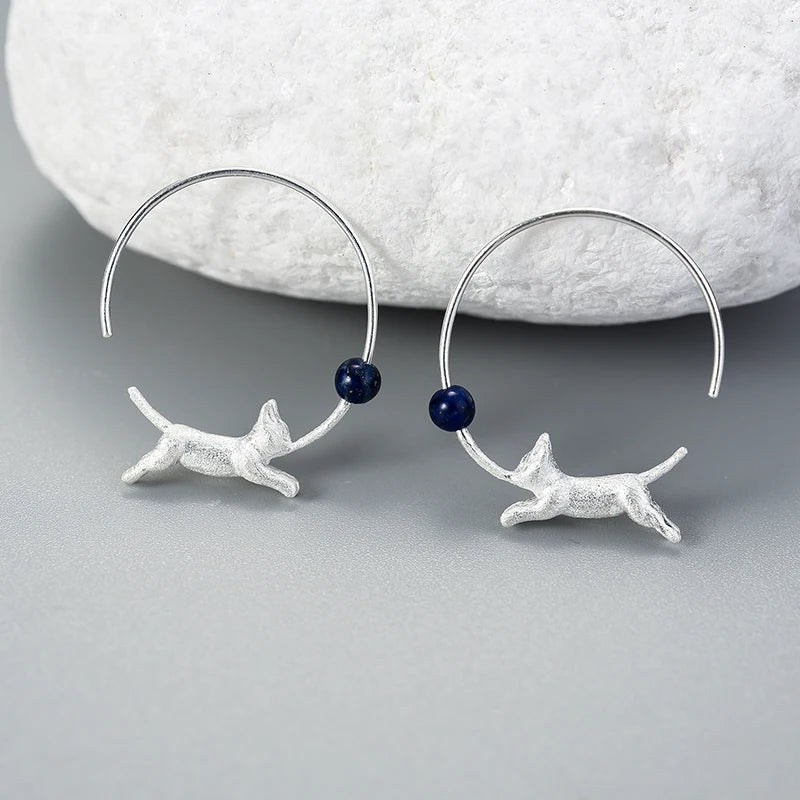 Sterling Silver Playful Running Cat with Balloon Hoop Earrings