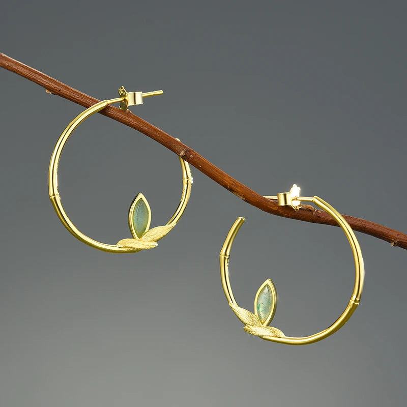 Sterling Silver Aventurine Bamboo Leaves Round Hoop Earrings