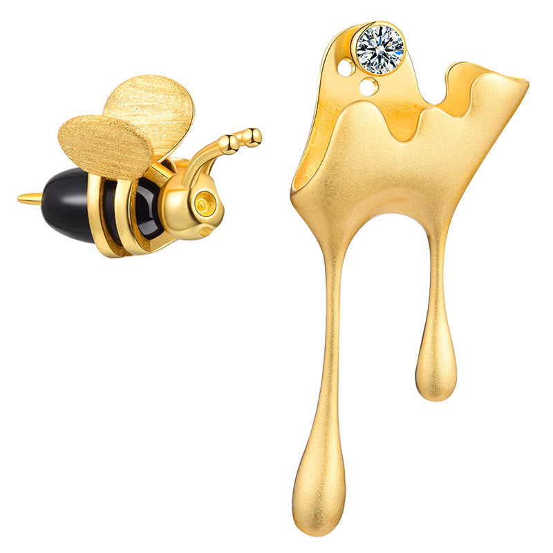 Sterling Silver Bee and Dripping Honey Asymmetric Stud Earrings
