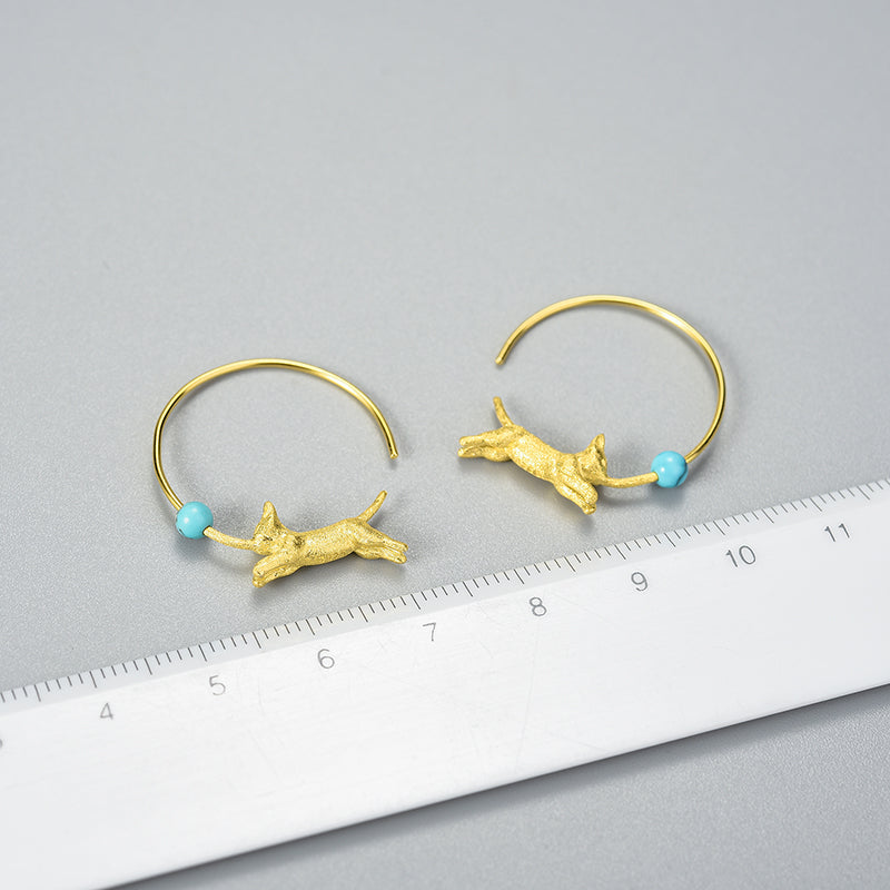 Sterling Silver Playful Running Cat with Balloon Hoop Earrings