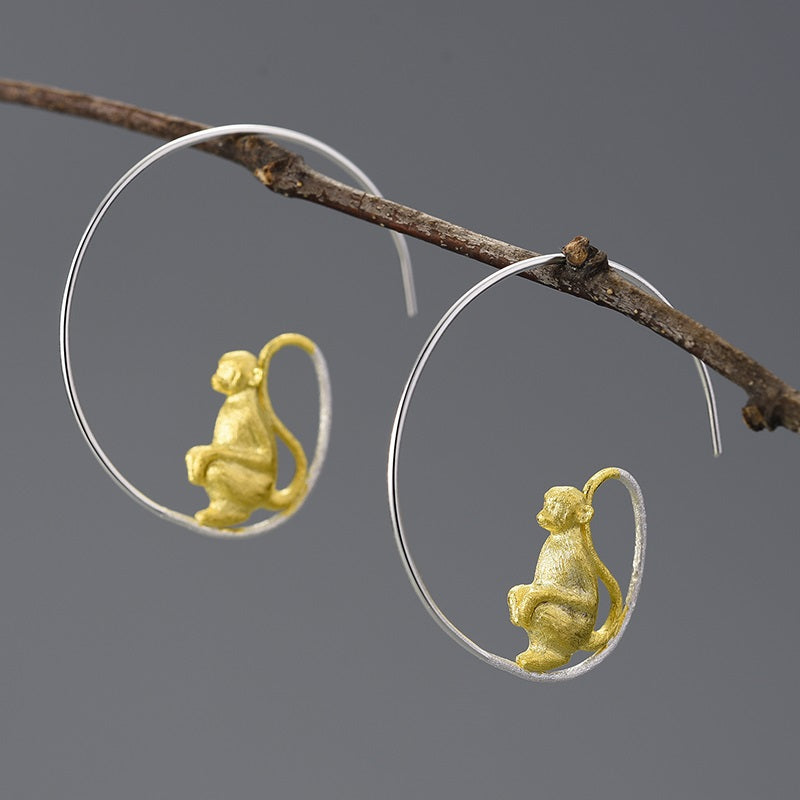 Sterling Silver Long-Tailed Monkey Round Hoop Earrings