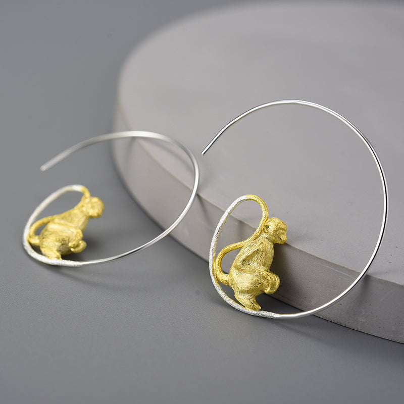 Sterling Silver Long-Tailed Monkey Round Hoop Earrings
