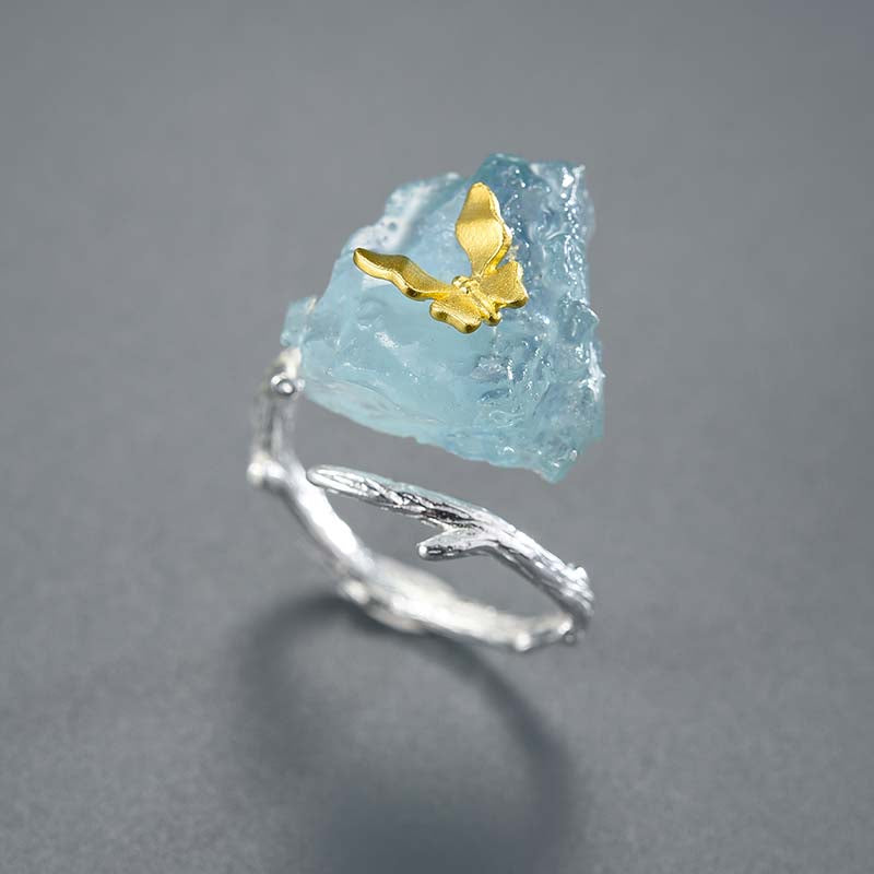 Sterling Silver Natural Rough Aquamarine Stone Butterfly Adjustable Ring