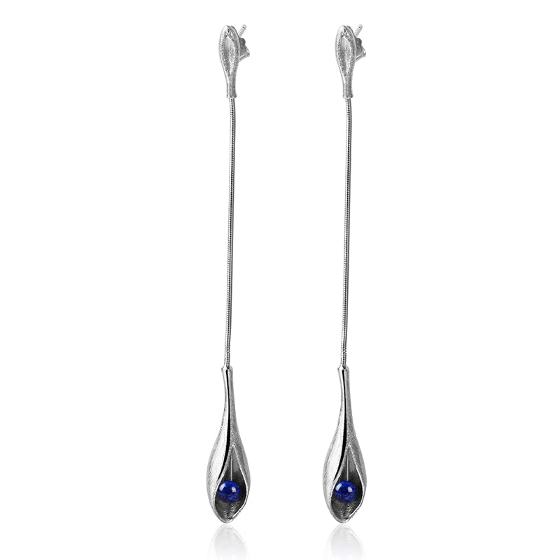 Sterling Silver Lapis Lazuli Drop Flower Long Dangle Earrings