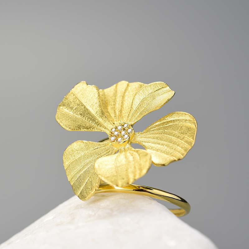 Sterling Silver Large Peony Flower Adjustable Ring