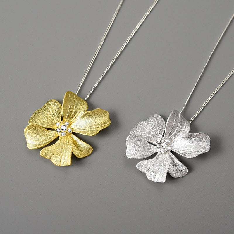 Sterling Silver Large Peony Flower Pendant Necklace