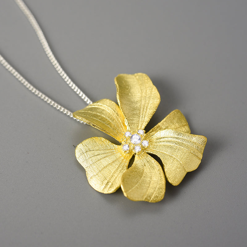 Sterling Silver Large Peony Flower Pendant Necklace