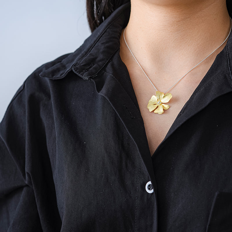 Sterling Silver Large Peony Flower Pendant Necklace