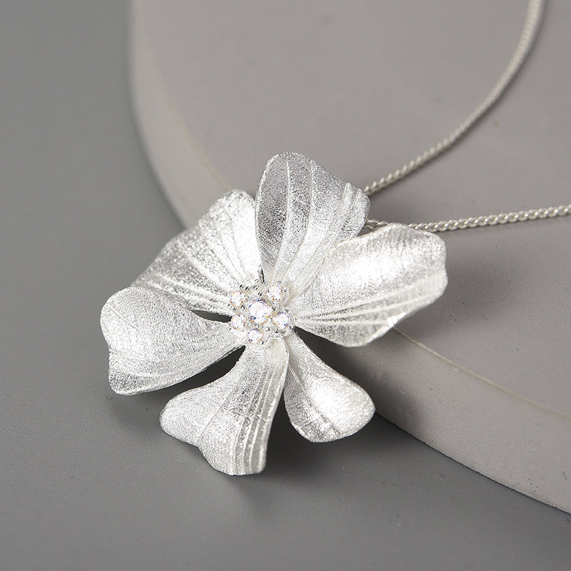 Sterling Silver Large Peony Flower Pendant Necklace