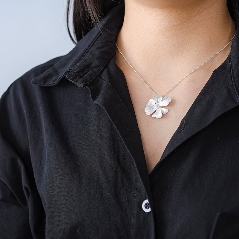 Sterling Silver Large Peony Flower Pendant Necklace