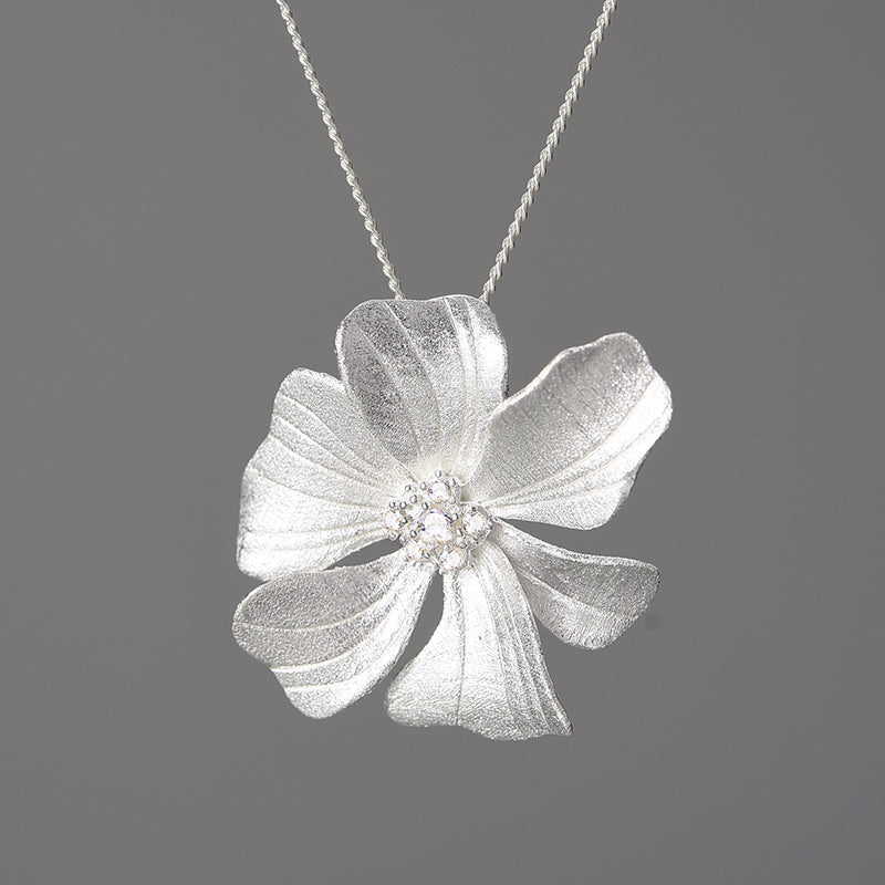 Sterling Silver Large Peony Flower Pendant Necklace