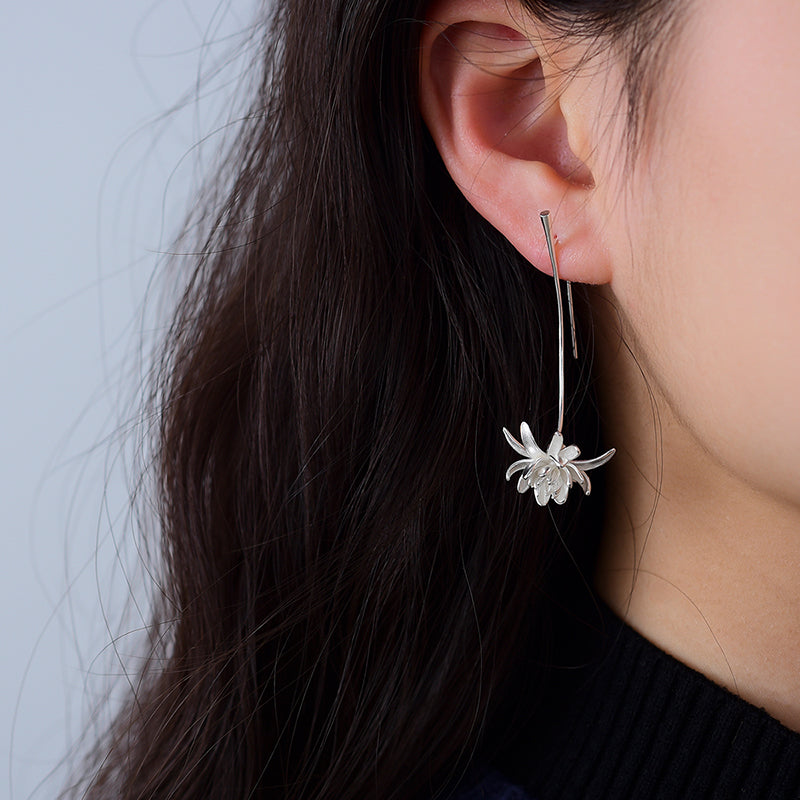 Sterling Silver Night-Blooming Cereus Flower Long Dangle Earrings