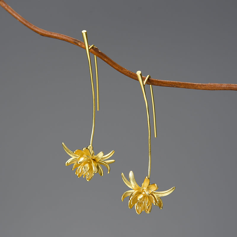 Sterling Silver Night-Blooming Cereus Flower Long Dangle Earrings