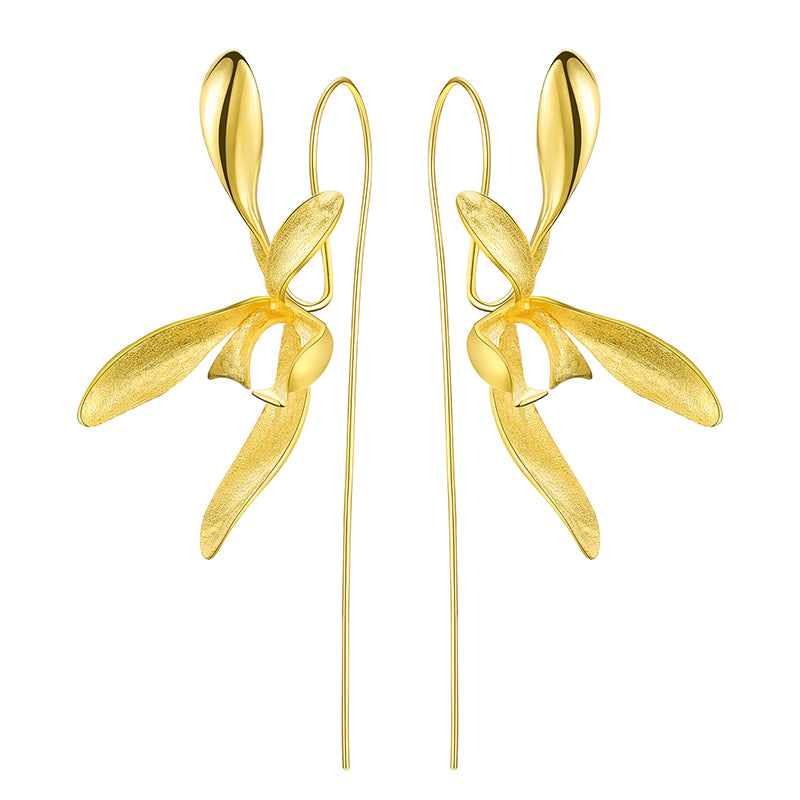 Sterling Silver Long Orchid Flower Dangle Earrings
