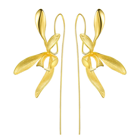 Sterling Silver Long Orchid Flower Dangle Earrings