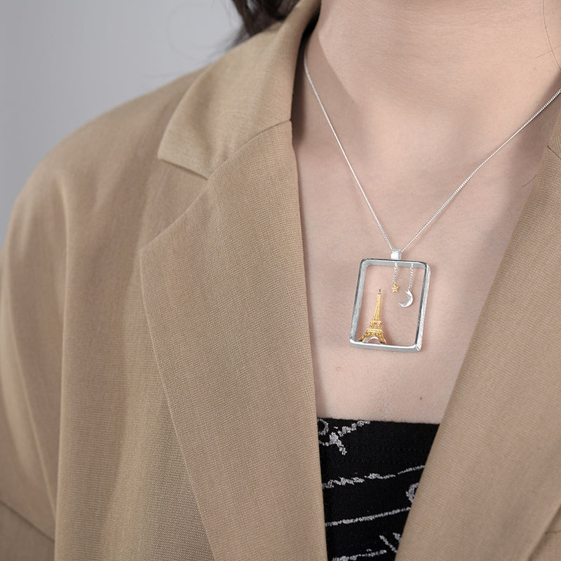 Sterling Silver Moonlight Eiffel Tower Pendant (Chain not included)