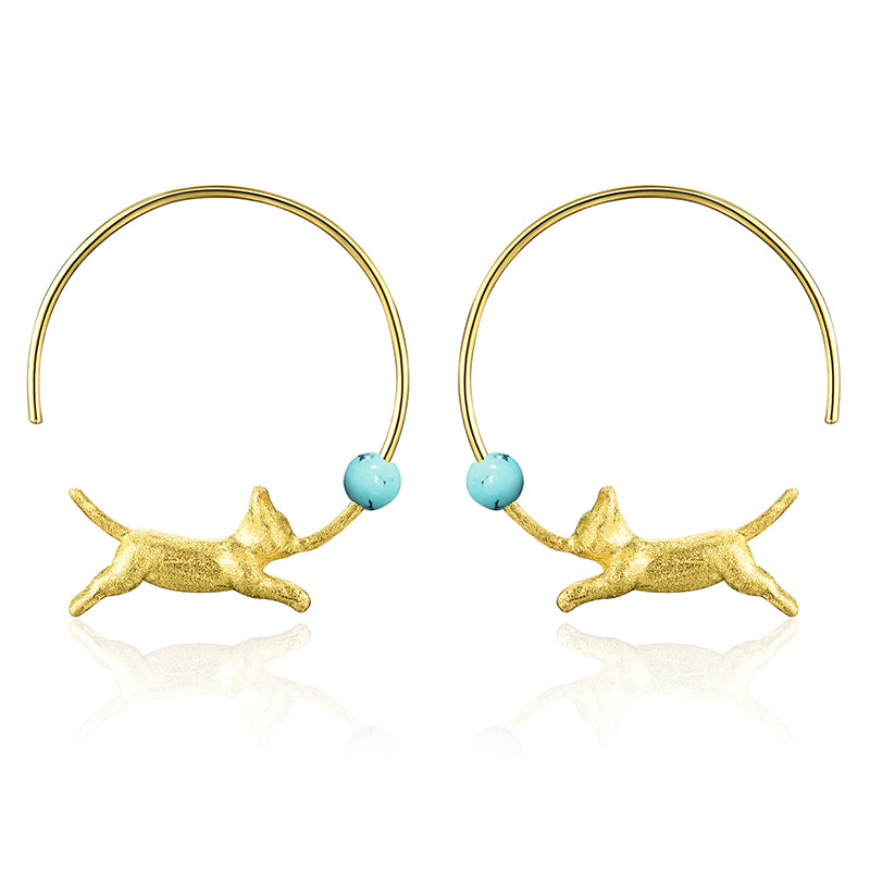 Sterling Silver Playful Running Cat with Balloon Hoop Earrings