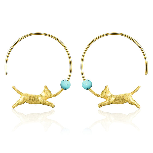 Sterling Silver Playful Running Cat with Balloon Hoop Earrings