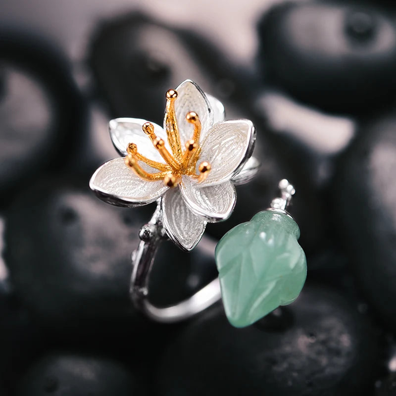 Sterling Silver Aventurine Lotus Flower Adjustable Ring