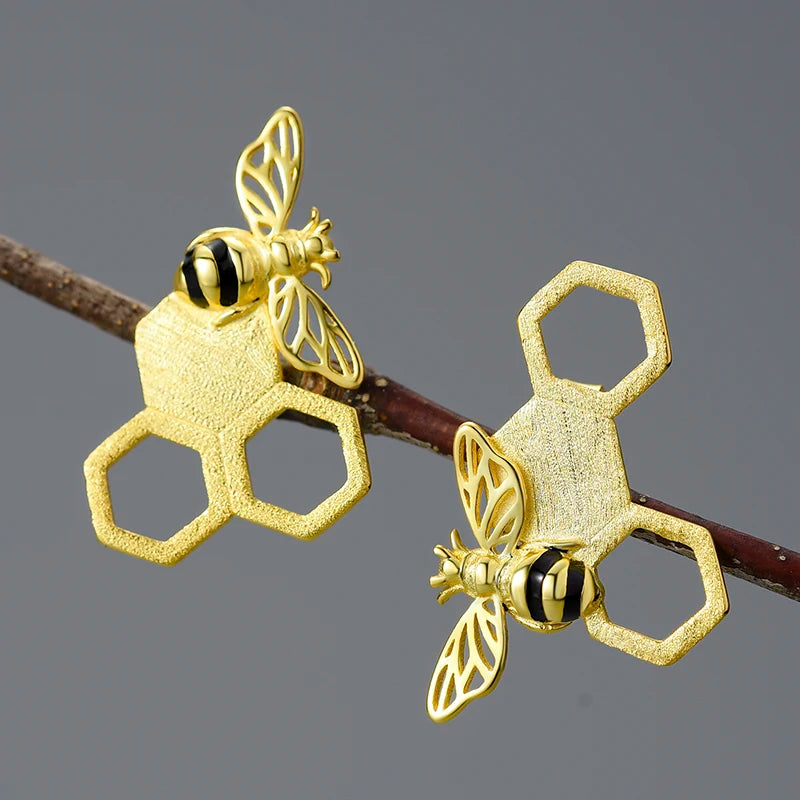 Sterling Silver Unusual Asymmetrical Honeycomb and Bee Stud Earrings