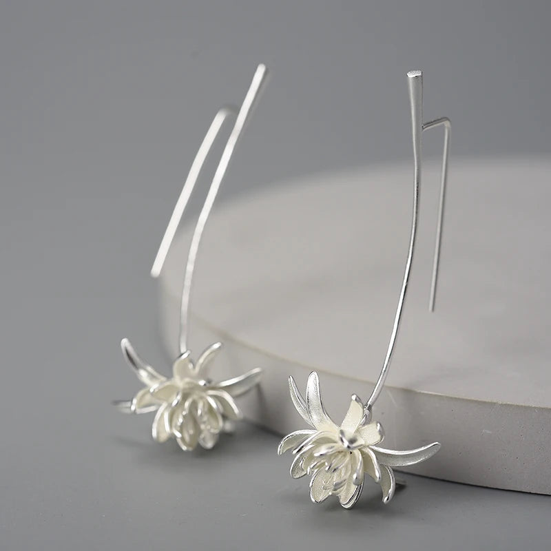 Sterling Silver Night-Blooming Cereus Flower Long Dangle Earrings