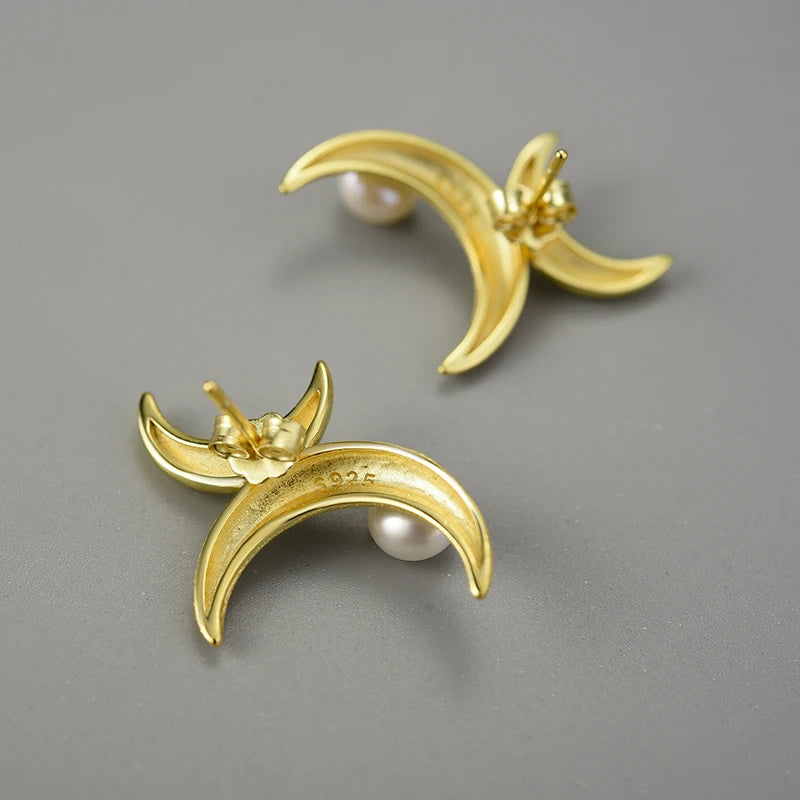 Sterling Silver Asymmetrical Double Moon Stud Earrings
