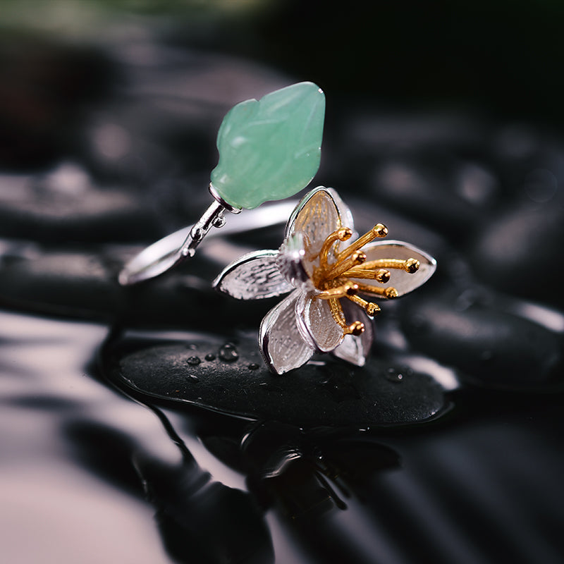 Sterling Silver Aventurine Lotus Flower Adjustable Ring