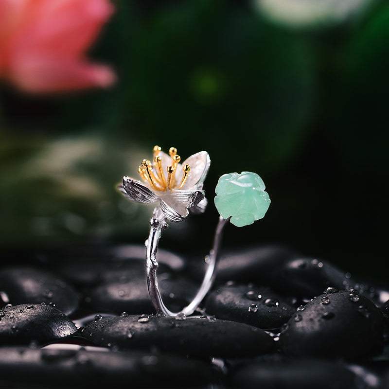 Sterling Silver Aventurine Lotus Flower Adjustable Ring
