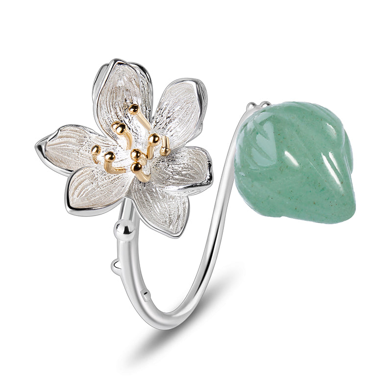 Sterling Silver Aventurine Lotus Flower Adjustable Ring