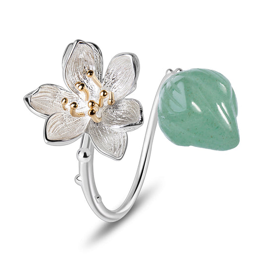 Sterling Silver Aventurine Lotus Flower Adjustable Ring