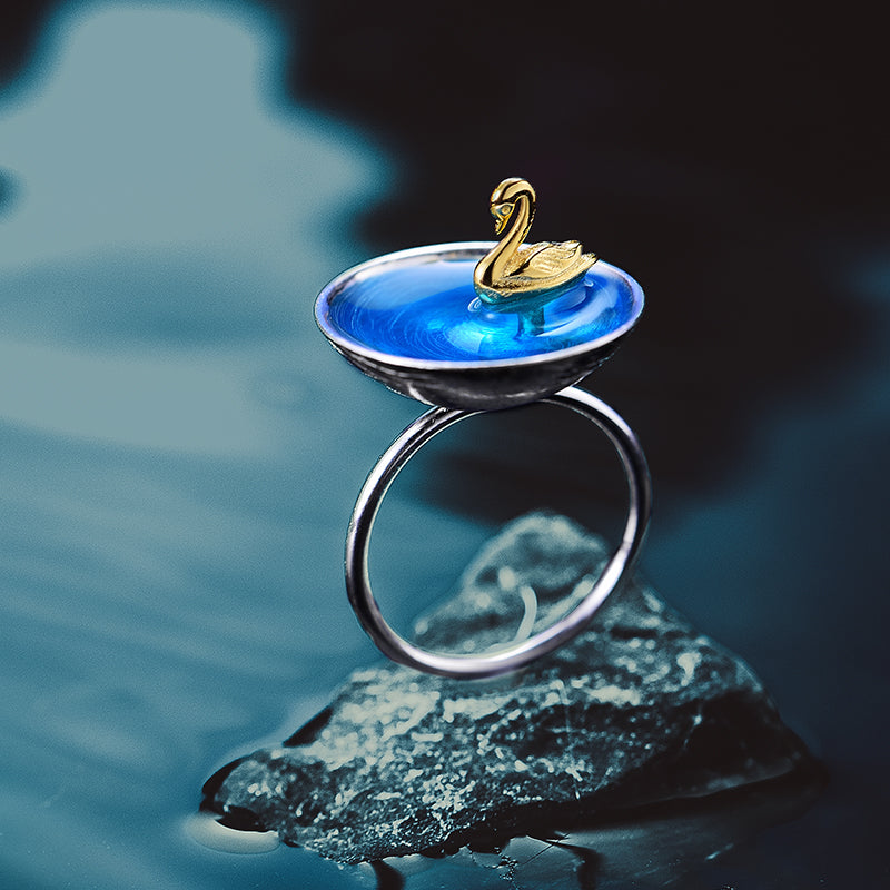 Sterling Silver Poetic Swan In The Sea Adjustable Ring