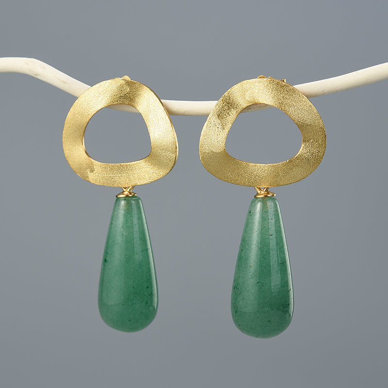 Sterling Silver Aventurine Minimalist Uneven Geometric Shape Dangle Earrings