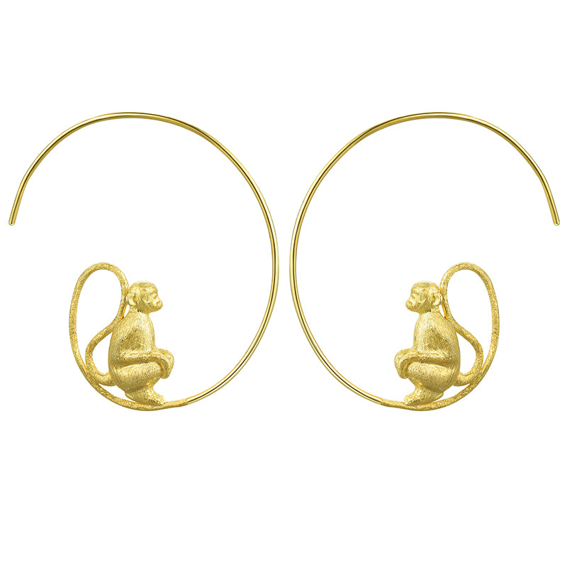 Sterling Silver Long-Tailed Monkey Round Hoop Earrings