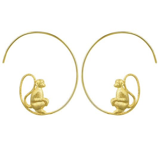Sterling Silver Long-Tailed Monkey Round Hoop Earrings
