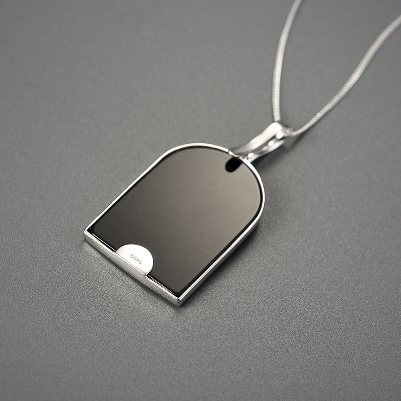 Sterling Silver Black Agate Featuring Cat on the Street at Night Pendant Necklace