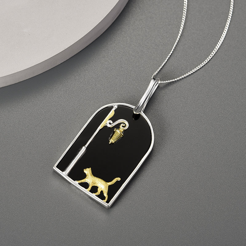Sterling Silver Black Agate Featuring Cat on the Street at Night Pendant Necklace